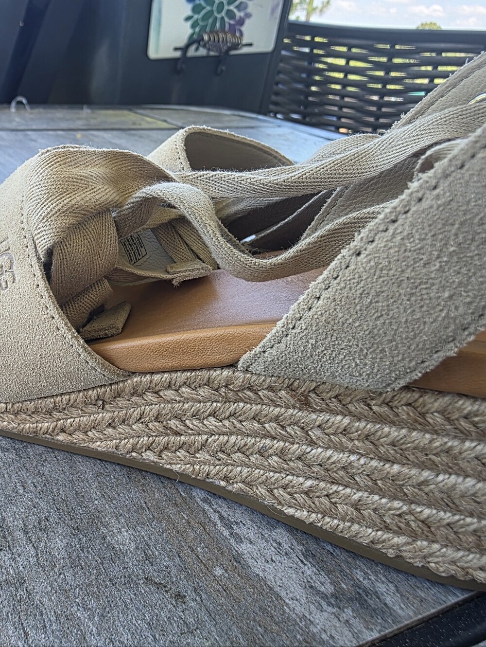 UGG Cream/Tan Espadrille Wedge Sandals with Ankle Ties